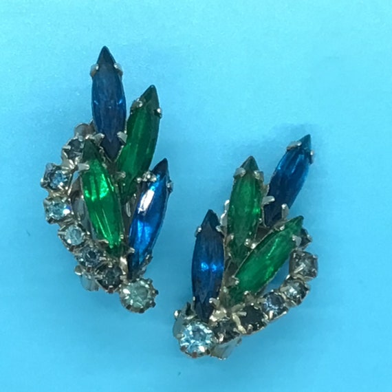 Vintage 1950's Blue and Green Rhinestone Clip-on … - image 1