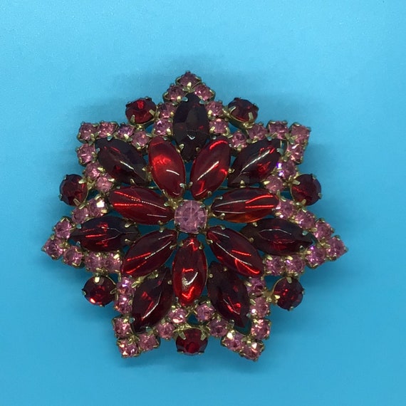 Vintage Pink and Red Rhinestone Flower Brooch Gem