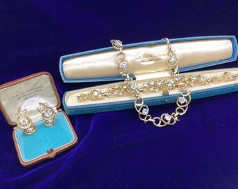Vintage Demi-Parure Rhinestone Jewelry Set - Gold Tone Swirl With Rhinestones