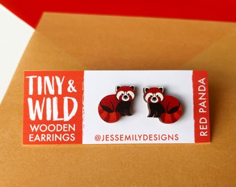 Tiny and Wild - Red Panda - Wooden Stud Illustrated Earrings - Asian Animals