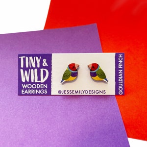 Tiny and Wild - Gouldian Finch - Wooden Stud Illustrated Earrings - Australian Animals