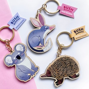 Bush Buddies - Australian animals illustrated wooden keyring - Bilby, echidna, koala