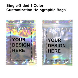 C249- 1000 Personalization Custom Logo Printing Single-Sided 1 Color Holographic Metallized Foil Zip Seal Clear Back Window Storage Pouch
