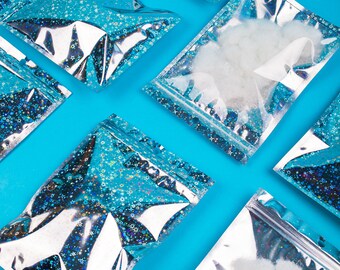 C272 - Bolsas de Mylar planas resellables con diseño holográfico de estrella transparente y plateada, con orificio redondo para colgar (paquete de 100)