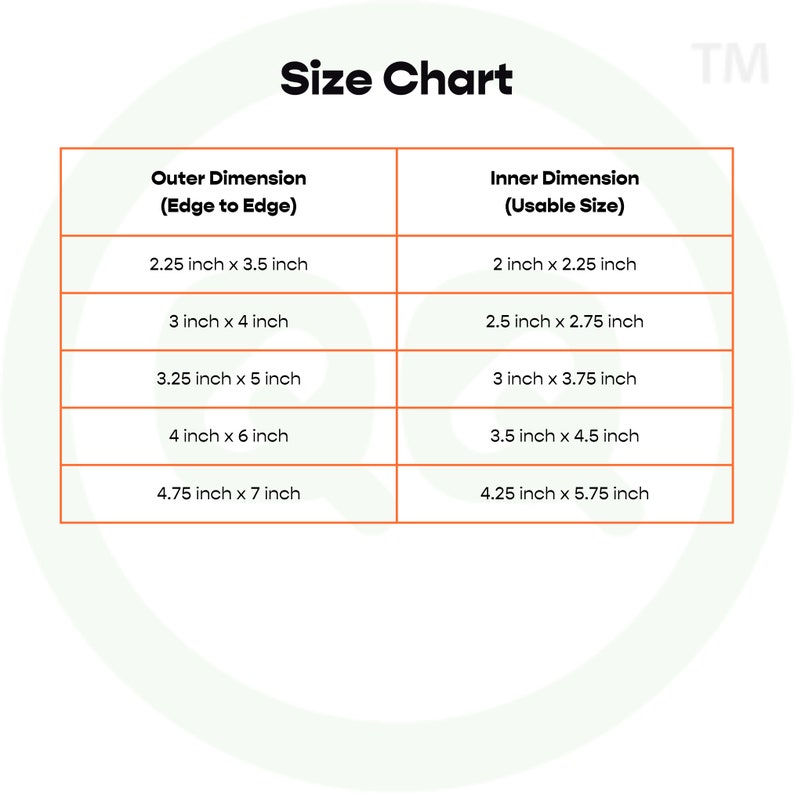 May include: Size chart for a product with outer and inner dimensions in inches. The chart shows the outer dimensions of the product, measured from edge to edge, and the inner dimensions, which are the usable size. The chart includes five different sizes, ranging from 2.25 inches by 3.5 inches to 4.75 inches by 7 inches.
