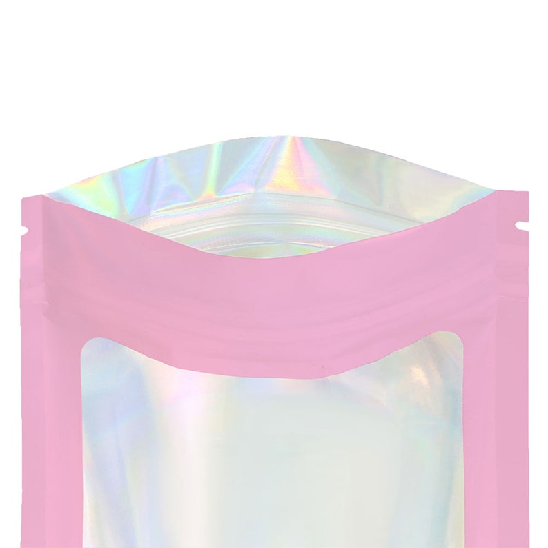 May include: Pink stand-up pouch with a clear window and iridescent holographic top.