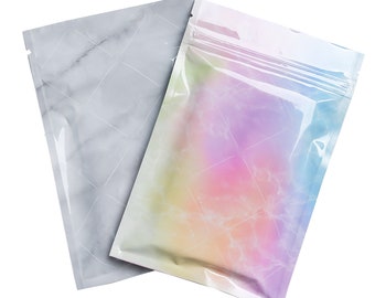 C259 QQ Studio 100 Salud y Belleza Bolsa plana termosellable con diseño de mármol arcoíris o gris con muescas de fácil apertura, interior de Mylar y cierre QuickQlick™