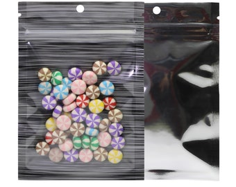 C225 Paquete de 100 bolsas resellables, redondas, planas y con orificio para colgar, transparentes y brillantes, con diseño de rayas negras y dorso plateado (dimensiones exteriores: 4 x 6 pulgadas)