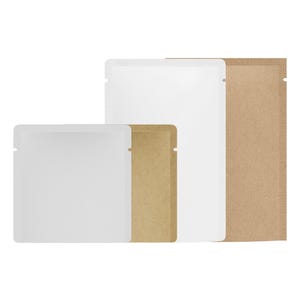 C104 - Sacchetti aperti in carta kraft marrone o bianca con foglio di alluminio e tacche di strappo (100 sacchetti/confezione)