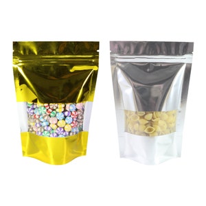 C311- Shiny Metallic Gold or Silver Stand-Up Resealable Bags with Clear Window Display (100 Bags)