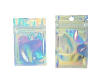 C264- QQ Studio Holographic Sample Bags, Rainbow Mylar Pouches for Lip Gloss, Press on Nails, and Lashes (100 Bags/Pack)