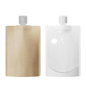 May include: Two stand-up pouches, one brown and one white, with a clear plastic spout on top. The pouches are empty and ready to be filled.