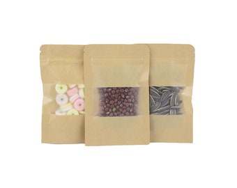 Paquet de 100 sacs d'emballage en papier kraft brun de 4,75 po. x 7,75 po. avec fenêtre, fermeture éclair refermable et fenêtre translucide pour nourriture pour animaux de compagnie, friandises