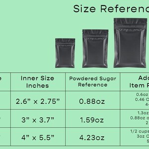 May include: A chart showing the outer and inner size of different sized black stand-up pouches in inches. The chart also includes the amount of powdered sugar that would fit in each pouch, as well as a reference for other items that would fit in each pouch, such as chia seeds, coffee beans, rings, bangles, and playing cards.