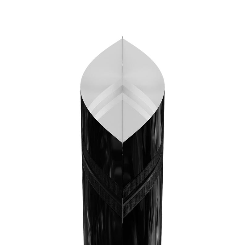 May include: Black stand-up pouch with a white interior. The pouch is made of a shiny, metallic material and has a sealed top.