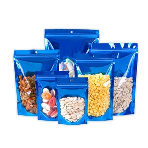 C305- QQ Studio Single-Sided Clear Glossy Blue Stand Up Resealable Packaging Bags for Food Storing or Beauty Product (100 Bags/Pack)