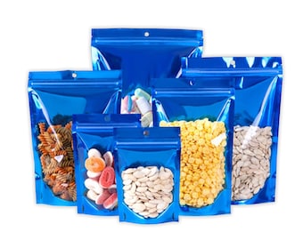 C305- QQ Studio Single-Sided Clear Glossy Blue Stand Up Resealable Packaging Bags for Food Storing or Beauty Product (100 Bags/Pack)