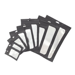 C248-04 - QQ Studio Black Favor Bags, Mylar Zipper Bags for Birthdays and Parties, Resealable Bags with Window
