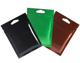 C240 - Bolsas planas resellables de lámina metalizada de color brillante con orificio triangular para colgar (paquete de 100)