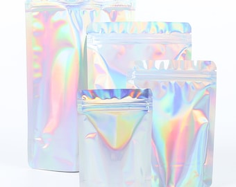 C374- 100 Bags Holographic Double-Sided Resealable Stand Up Bags for Bath & Beauty. Rainbow Bags for Bath Salts, Jewelry, and Press on Nails