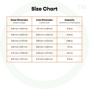 May include: A size chart for coffee bean containers, showing the outer and inner dimensions in inches, along with the capacity in ounces. The chart is labeled "Size Chart" and "TM".