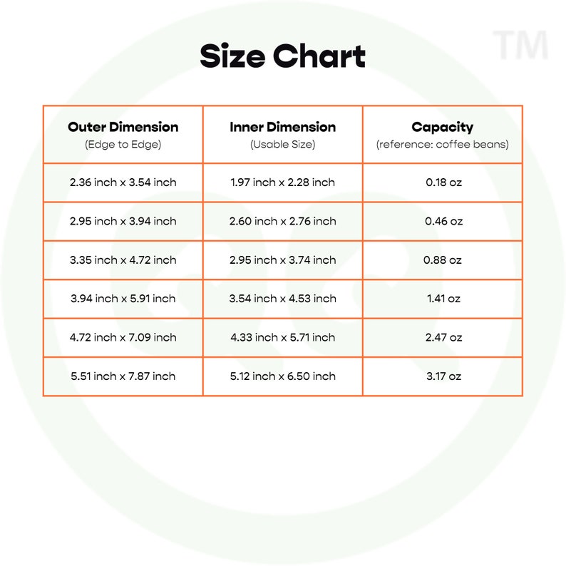 May include: A size chart for coffee bean containers, showing the outer and inner dimensions in inches, along with the capacity in ounces. The chart is labeled "Size Chart" and "TM".