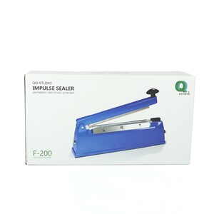 May include: A blue impulse sealer with a white label that reads "QQ Studio Impulse Sealer" and "F-200 Heat Sealing Machine".