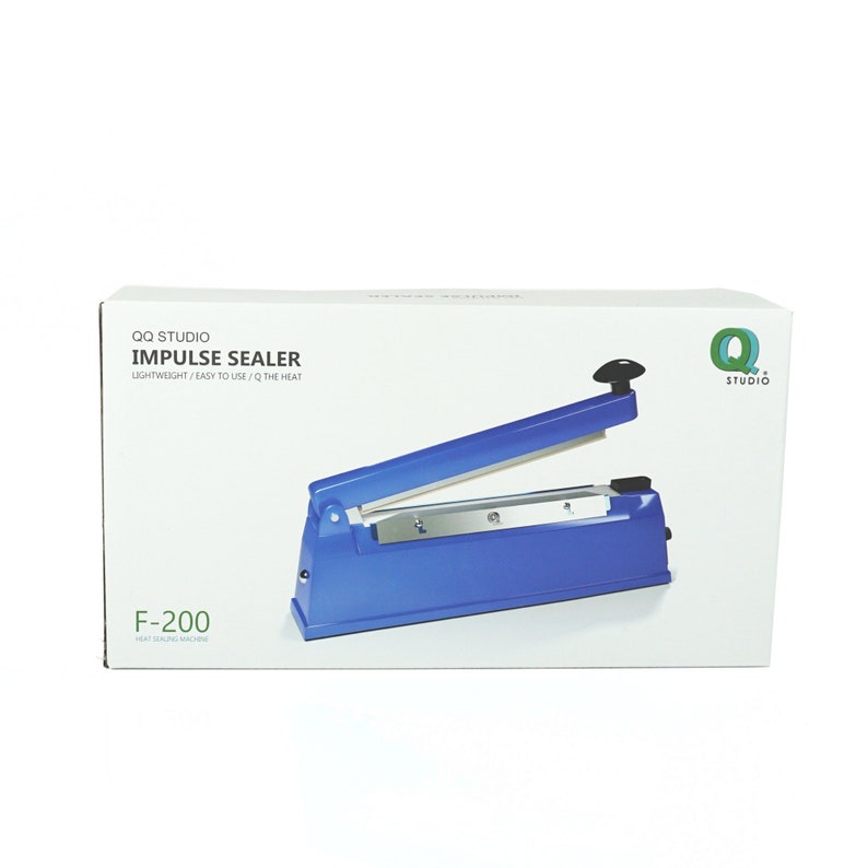 May include: A blue impulse sealer with a white label that reads "QQ Studio Impulse Sealer" and "F-200 Heat Sealing Machine".