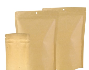 May include: Three brown paper stand-up pouches with zipper closures. The pouches are different sizes and have a hole at the top for hanging.