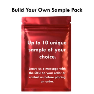 May include: A red metallic sample pack with the text "Build Your Own Sample Pack." The pack includes the text "Up to 10 unique sample of your choice." Additional text provides instructions for ordering.