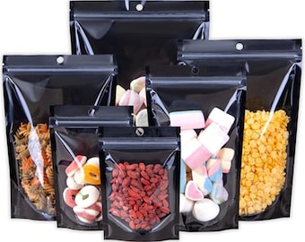 C305- QQ Studio Single-Sided Clear Glossy Black Stand Up Resealable Packaging Bags for Food Storing or Beauty Product (100 Bags/Pack)