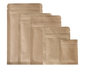 C218- QQ Studio Pack of 100 Multi Size Heat Sealable Brown Double Sided Kraft QuickQlick™ Craft Flat Bag with Tear Notch