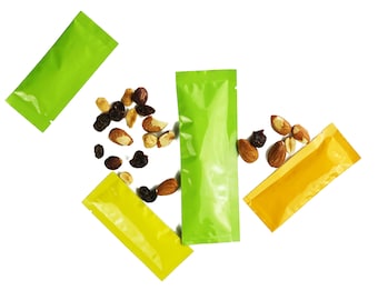 C129 - QQ Studio Glossy Foil Stick Pouches, Aluminum or Plastic Food Packaging, Food Safe Heat Seal Bags for Snacks (Pack of 100-200 Bags)