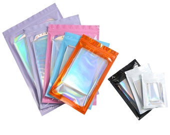 C267 - QQ Studio Holographic Packaging, Zipper Seal Bags with Window, Multi Size Metallic Foil Beauty Bags