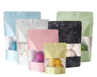 C355 - Matte Color Maple Leaf Design Pattern Aluminum Foil Food Storage Stand-Up Resealable Seal Bags (100 Bags)