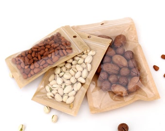 C231- Sample Pack or 100 Bags of Clear Front Kraft Paper Material Packaging Food Safe Bags w/Hang-Hole (Size You Pick)