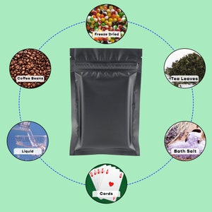 May include: Black stand-up pouch with a zipper closure. The pouch is surrounded by a circle with various items, including coffee beans, tea leaves, freeze-dried fruit, bath salt, playing cards, and liquid.