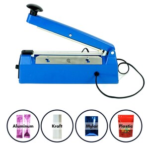 May include: Blue electric heat sealer with a black handle. The sealer is on a white surface. There are four circles below the sealer, each with a different type of bag: aluminum, kraft, mylar, and plastic.