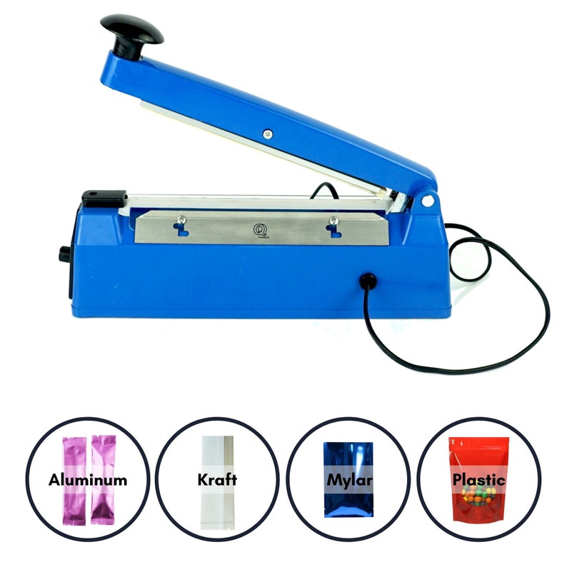 May include: Blue electric heat sealer with a black handle. The sealer is on a white surface. There are four circles below the sealer, each with a different type of bag: aluminum, kraft, mylar, and plastic.
