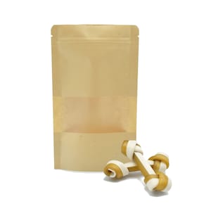 C328 100 Food Grade Kraft Paper Windowed Packaging Bags with Resealable QuickQlick™ and Translucent Window for Pet Food, Dog, and Cat Treats