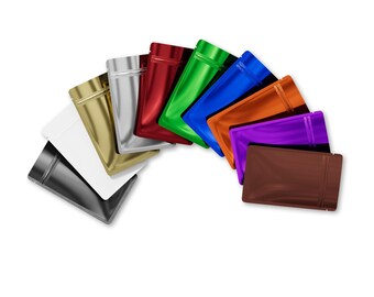 Q2201- Pack of 100 Double-Sided Glossy Colored Metallic Foil Press Zip Seal Sample Size Bags with Rounded Corners & Tear Notch