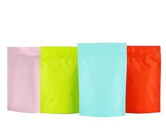 C302- Sacs cadeaux QQ Studio en mylar, sacs d'emballage en aluminium pour collations, sacs tenant debout refermables pour aliments et friandises (100 sacs/paquet)