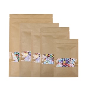 C217- Sacos planos de papel Kraft marrom, seláveis a quente e resseláveis com janela transparente (100 sacos/pacote)