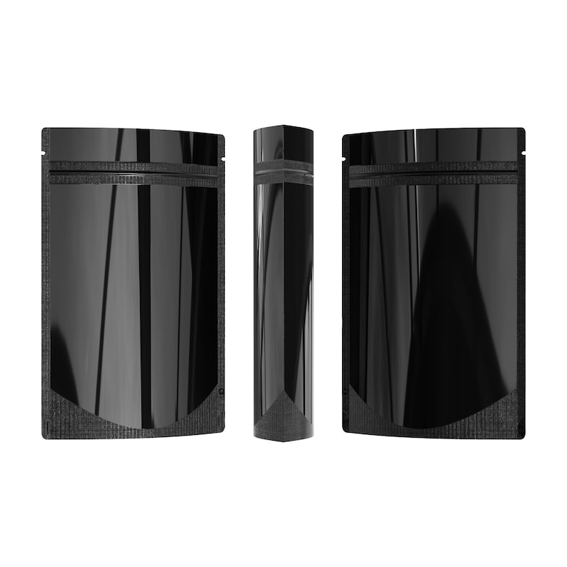 May include: Three black stand-up pouches with a zipper closure. The pouches are made of a shiny, metallic material and have a textured, black finish.