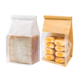 C1174 – 50 sacchetti in carta kraft con finestra trasparente e fondo piatto per dolci, pane, biscotti e dolcetti.