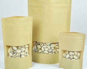 C318- Brown Kraft Paper Resealable  Zipper Seal Stand Up Bags w/ Clear Window (100 Bags/Pack)