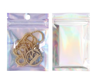 C249-256- QQ Studio 100 Sacchetti con chiusura a zip olografica arcobaleno con chiusura a caldo, finestra o tinta unita per gioielli e accessori