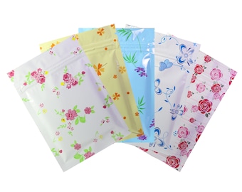 C226 - 100 bolsas resellables planas metalizadas con diseño floral multicolor de temporada