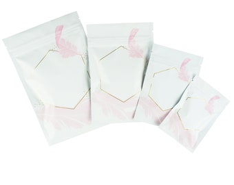 C258-06 - QQ Studio White and Pink Foil Bags, Designed Mylar Pouches for Loose Leaf Tea, Smell Proof Packaging (100 Bags)
