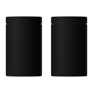 May include: Two black stand-up pouches with a matte finish. The pouches have a flat bottom and a zipper closure.